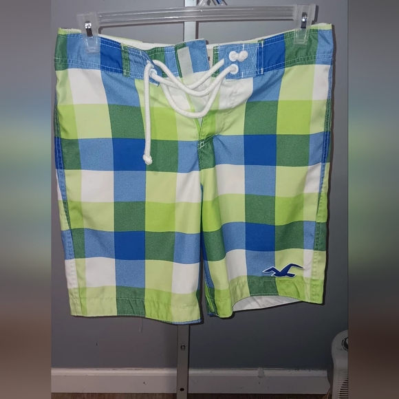 Hollister Men's Blue and Green Plaid Board Shorts - Picture 1 of 6